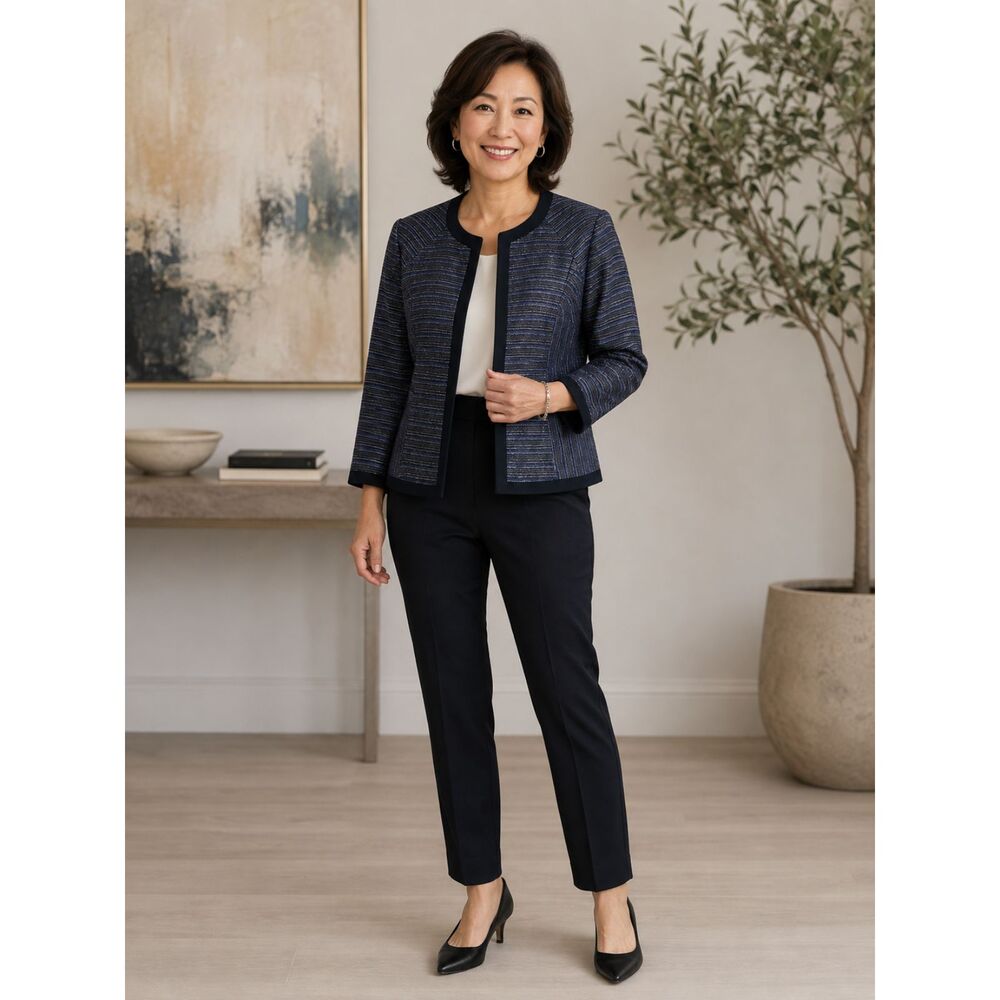 Kasper Women's Navy and Black Purple Striped Open-Front Jacket PXS